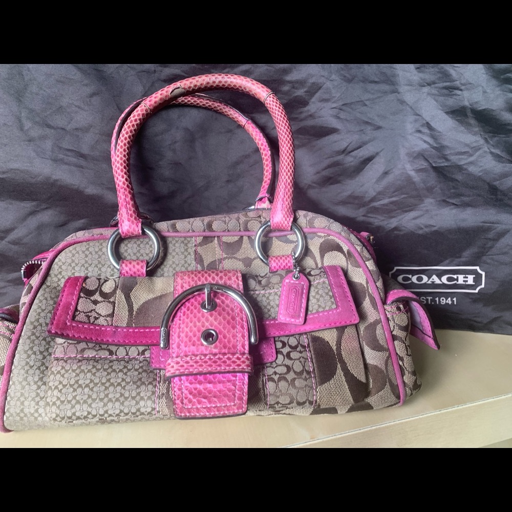 Coach Pink Khaki Sinature satchel with duster
